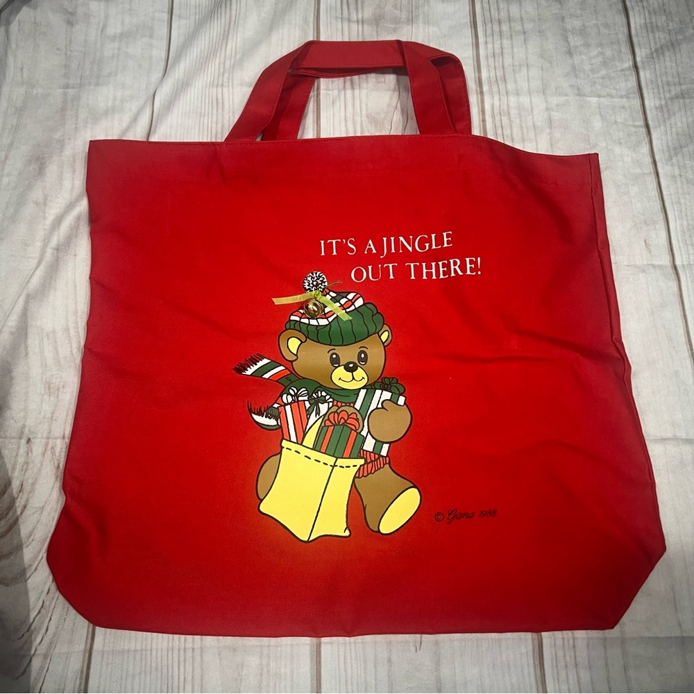 1988 Vintage Ganz Red Holiday Tote Bag with Bear Design